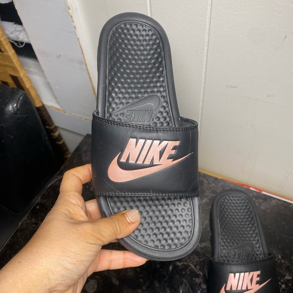 Nike Black Slides with Rose Gold Logo